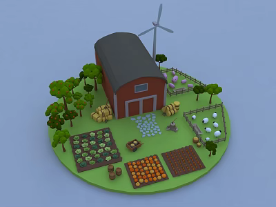 Cartoon Farm Scene with Red Barn Windmill Green Trees Vegetables and Sheep 3d model