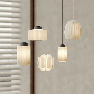Modern Pendant Lights With Unique Designs And Soft Lighting Near Window Blinds 3d model