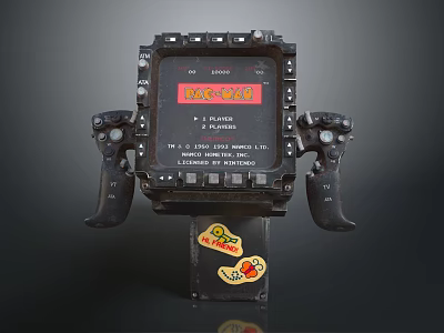 Retro Entertainment Appliance Game Controller Featuring Joysticks Screen Displaying READY And Decorative Stickers 3d model