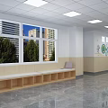Bright School Corridor Interior with Windows Bench Wall Decorations and Bookshelves 3d model