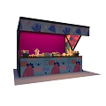 Vibrant Blue Yellow Striped Awning Street Kiosk with Display Window and Artistic Murals