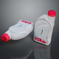 Two White Plastic Liquid Food Bottles With Red Caps And Label Design