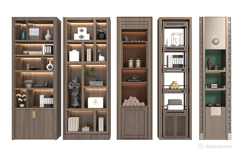 Modern Wooden Decorative Cabinets With Built in Lighting Books Vases And Display Shelves 3d model 