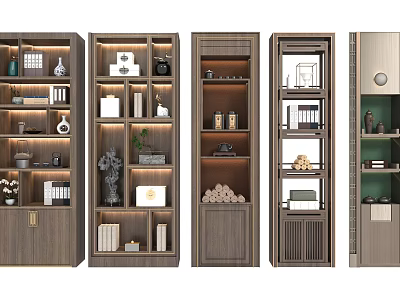 Modern Wooden Decorative Cabinets With Built in Lighting Books Vases And Display Shelves 3d model