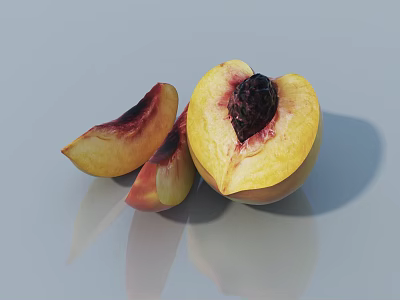 Fresh Ripe Peach Halves With Slices On Smooth Reflective Surface 3d model