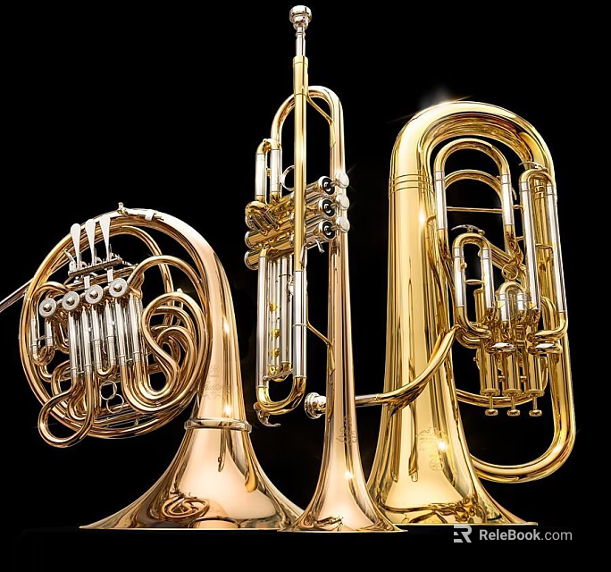 Golden Brass Musical Instruments Collection French Horn Trumpet And Tuba 3d model 