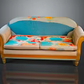 Spacious Vintage Sofa With Curved Armrests Colorful Floral Cushions And Light Wooden Legs