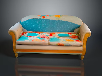 Spacious Vintage Sofa With Curved Armrests Colorful Floral Cushions And Light Wooden Legs 3d model