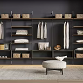 Modern Walk in Closet Design with Hanging Clothes Folded Clothes Storage Boxes and Stool
