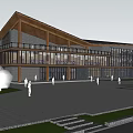 Modern Office Building Featuring Wooden Roof Large Glass Windows Open Plaza And Surrounding Greenery