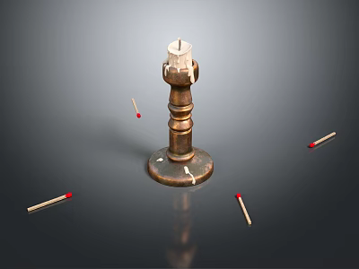 Brass Candle Lamp With Carved Column Design Surrounded By Red Match Heads On Dark Background 3d model