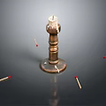 Brass Candle Lamp With Carved Column Design Surrounded By Red Match Heads On Dark Background