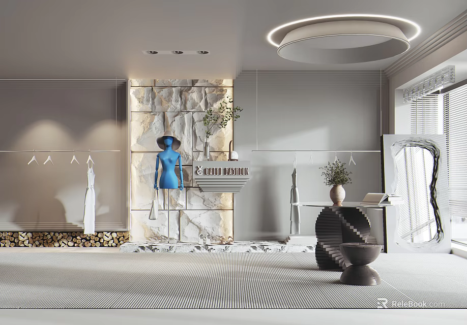 Modern Clothing Store Interior With Blue Mannequin Clothing Racks Stone Wall Plant And Mirror 3d model 