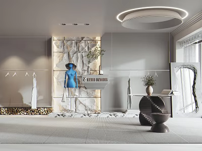 Modern Clothing Store Interior With Blue Mannequin Clothing Racks Stone Wall Plant And Mirror 3d model