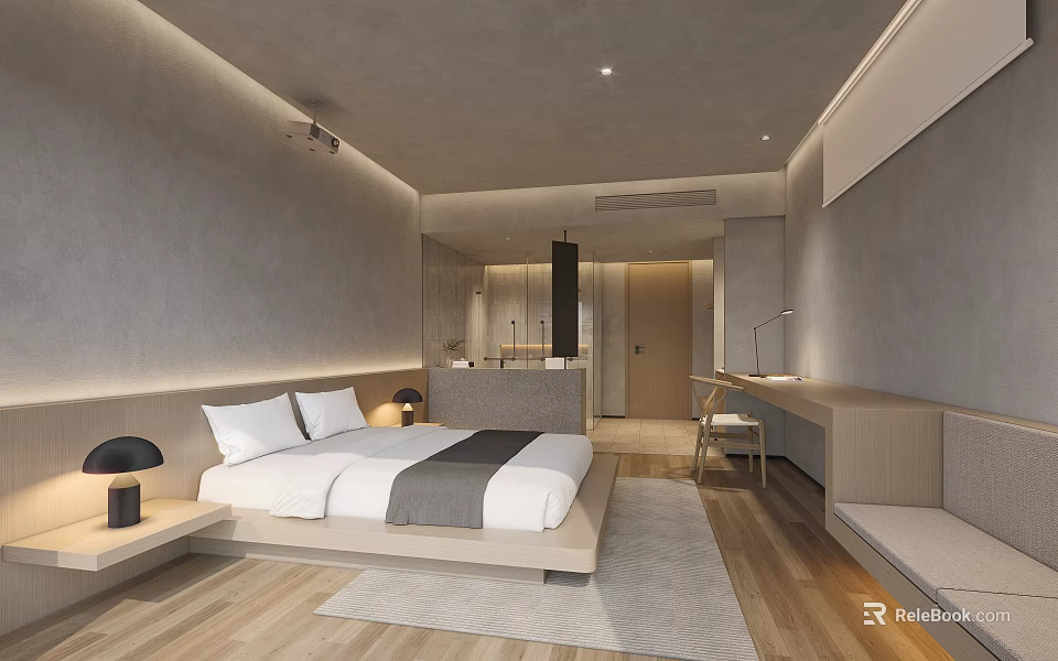 Hotel Room Interior Design With Minimalist Gray Walls Wooden Floors Bed And Desk Chair 3d model 