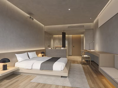 Hotel Room Interior Design With Minimalist Gray Walls Wooden Floors Bed And Desk Chair 3d model