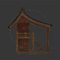 Cartoon Scene Of Traditional Wooden Pavilion With Red Tile Roof Stairs And Railings