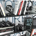 Decorative Ornament Set With Books Headphones Camera Clock Laptop On Shelf