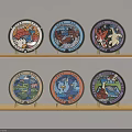 Colorful Decorative Plates On Wooden Shelves With Various Animal Nature Designs