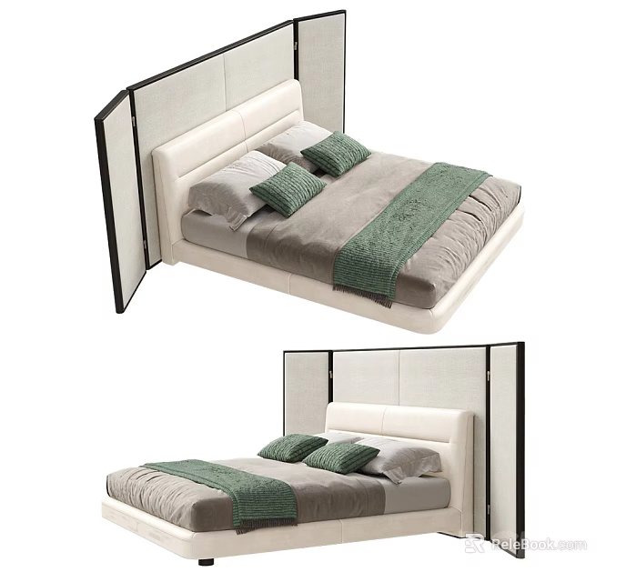 Modern Double Bed With Black Frame Upholstered Headboard Green Throw And Gray Bedding 3d model