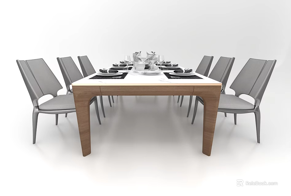 Modern Wooden Dining Table Set With Gray Upholstered Chairs And Tableware 3d model