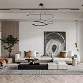 Modern Living Room Interior Design With White Sofa Abstract Painting And Circular Chandelier