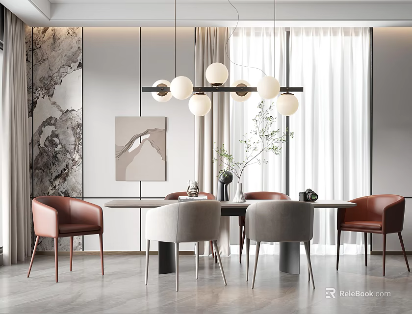 Modern Open Concept Restaurant Interior With Dining Table Chairs And Pendant Lighting 3d model
