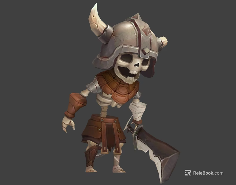 Skeleton Warrior Character With Horned Helmet Leather Armor And Battle Axe 3d model 