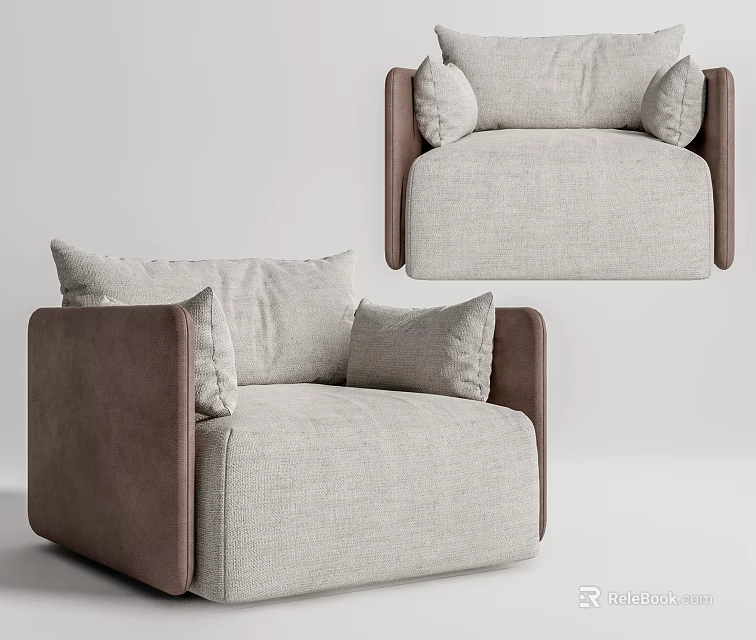 Modern Single Sofa With Light Gray Fabric Dark Brown Armrests And Cushions 3d model