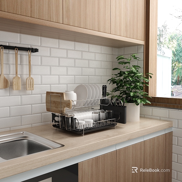 Modern Kitchen With Wooden Cabinets And Tile Backsplash 3d model 
