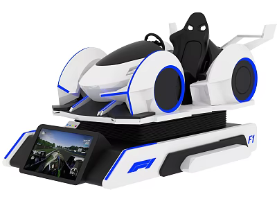 Modern Racing Simulator With Blue Accents Steering Wheel Seat And Display Screen 3d model