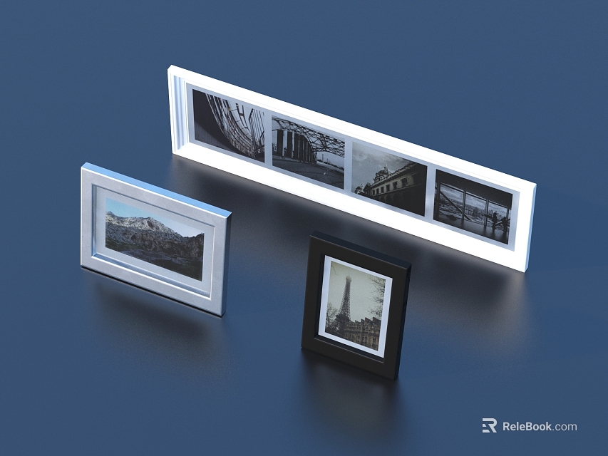 White Silver Black Photo Frames In Rectangular Square Shapes With Scenery Photos On Blue Surface 3d model 