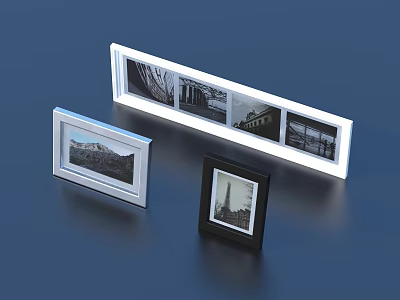 White Silver Black Photo Frames In Rectangular Square Shapes With Scenery Photos On Blue Surface 3d model