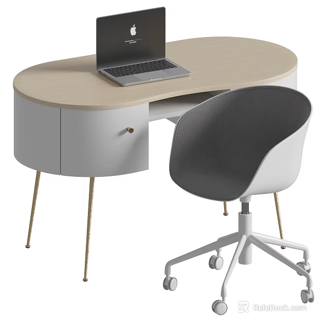 Modern Oval Office Desk With Light Wood Top Golden Legs And Gray Padded Chair With Wheels 3d model 