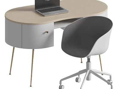Modern Oval Office Desk With Light Wood Top Golden Legs And Gray Padded Chair With Wheels 3d model