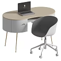 Modern Oval Office Desk With Light Wood Top Golden Legs And Gray Padded Chair With Wheels