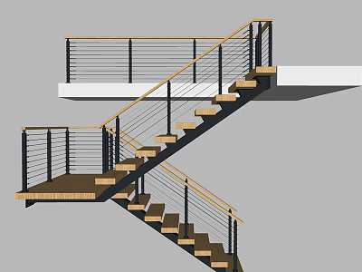Modern Staircase With Black Metal Railings Wooden Steps And Open Double Level Design 3d model