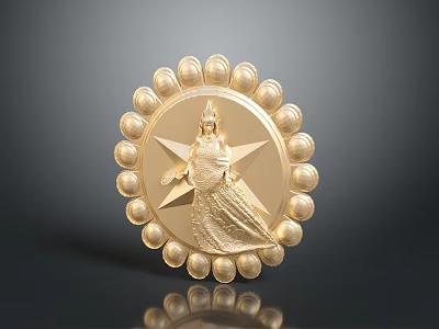 Golden Circular Sculpture Carving With Central Figure And Surrounding Bead Decorations 3d model