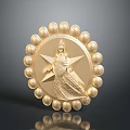 Golden Circular Sculpture Carving With Central Figure And Surrounding Bead Decorations