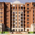 Residential Courtyard With Red Brick Buildings Tall Structure Green Lawn And Bronze Sculptures