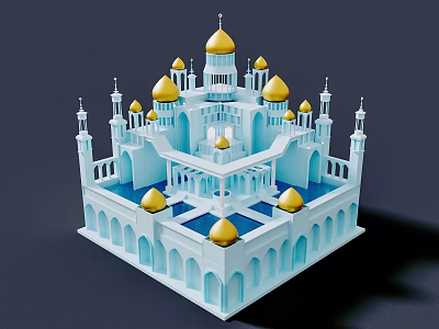 Cartoon Blue Building Scene With Golden Domes And Tall Minarets 3d model