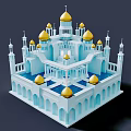 Cartoon Blue Building Scene With Golden Domes And Tall Minarets