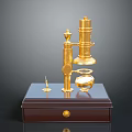 Golden Microscope Model On Brown Base With Drawer And Small Tool