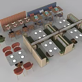 Public Chairs In Restaurant Layout With Booth Seating Dining Tables And White Plates 3d model