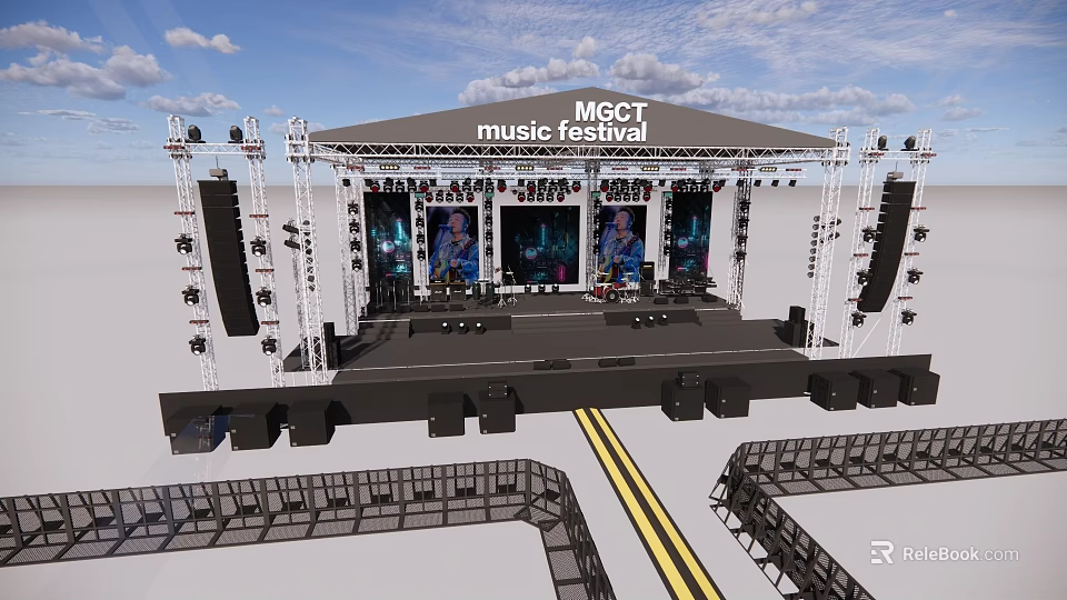 MCCT Music Festival Stage Setup With Large Screens Sound Equipment And Lighting Rigs 3d model 