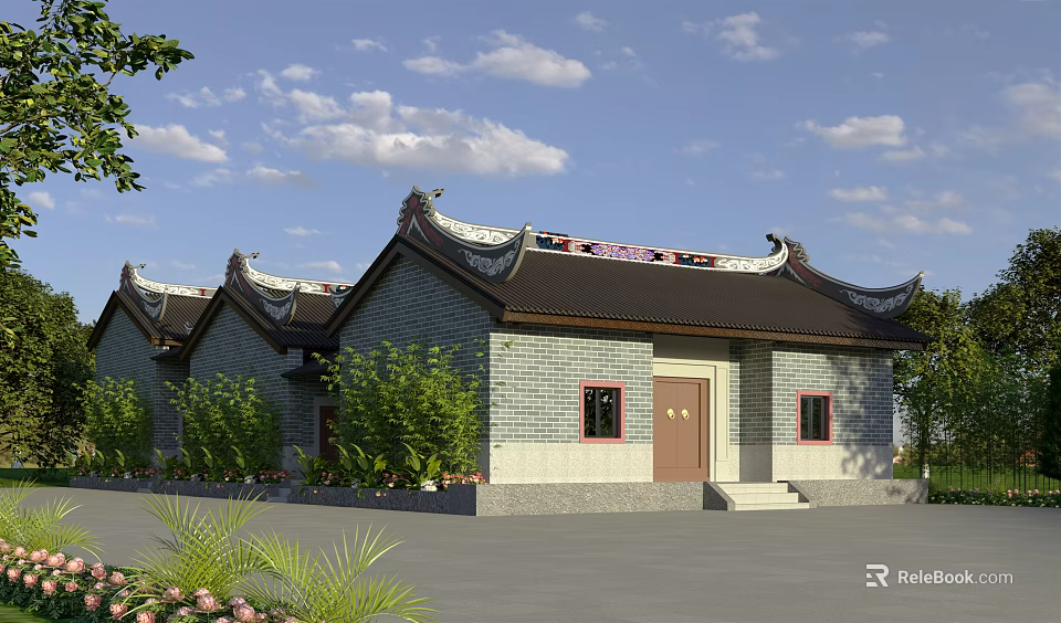 Ancient Chinese Architecture Featuring Ornate Curved Roof Gray Brick Walls Wooden Doors And Windows 3d model 