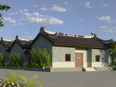 Ancient Chinese Architecture Featuring Ornate Curved Roof Gray Brick Walls Wooden Doors And Windows 3d model