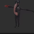 Mysterious Alien Creature With Black Body Red Stripes Tubular Structure And Outstretched Arms
