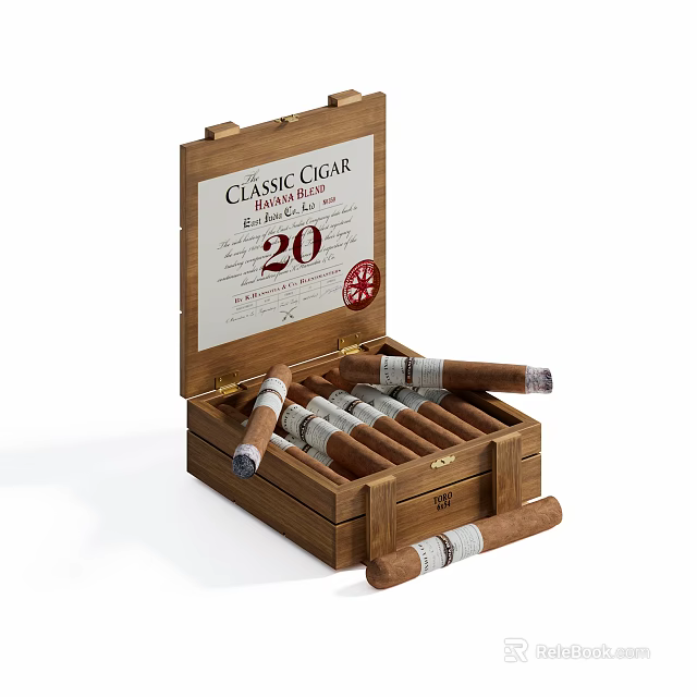 Classic Cigar Wooden Box With 20 Premium Cigars For Smoking Enthusiasts 3d model 