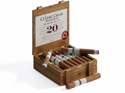 Classic Cigar Wooden Box With 20 Premium Cigars For Smoking Enthusiasts 3d model